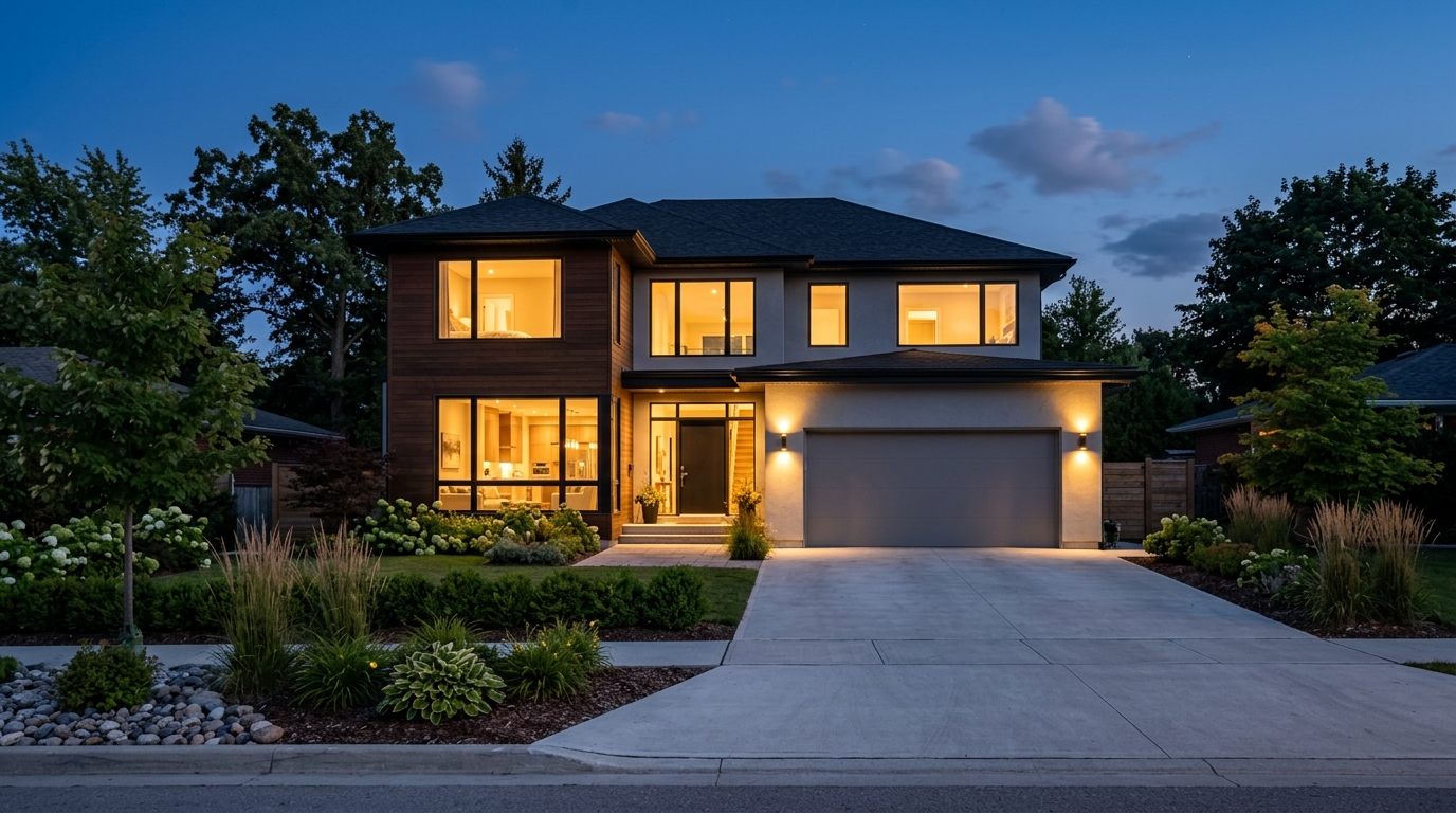 A modern two-storey home at dusk with warm light in the windows